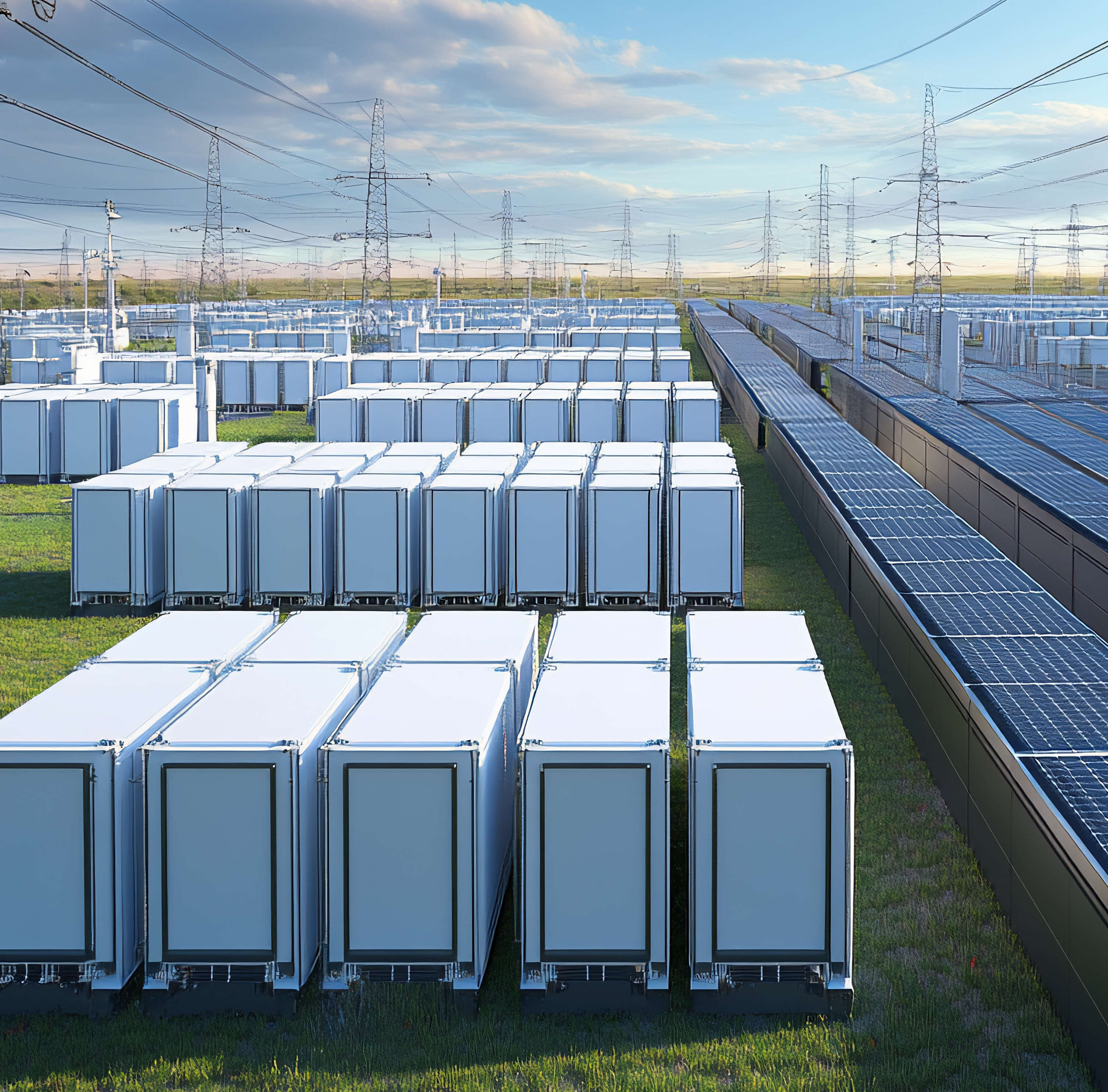 EnerGrid sustainable energy infrastructure — battery storage units alongside solar panels and transmission towers